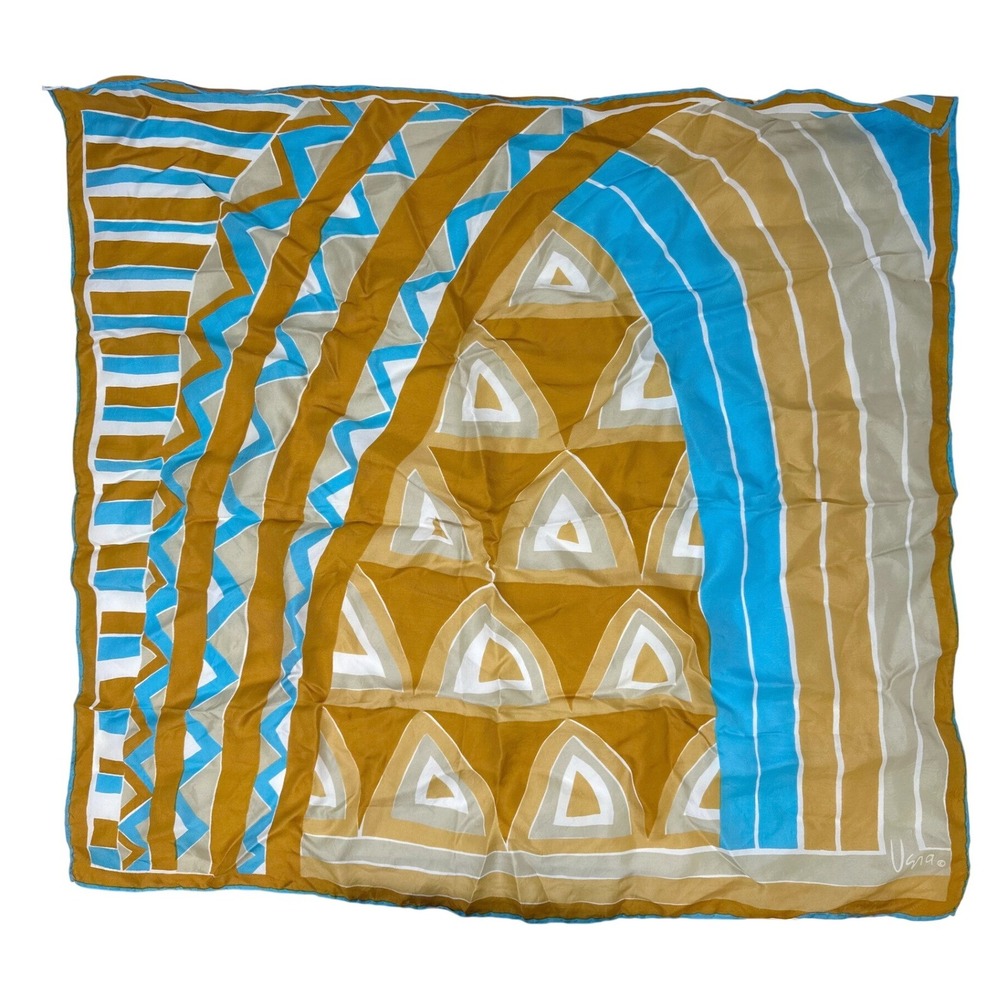 1970s Vera Neumann MCM Geometric Print Silk Blend Square Scarf Gold Blue 25x25